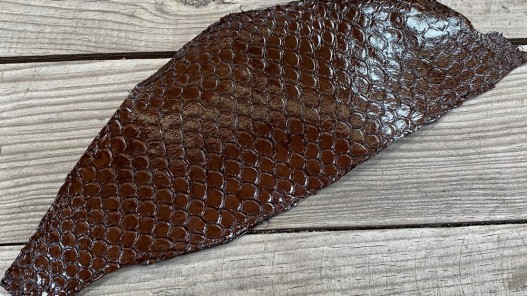 Peau de cuir de poisson tilapia marron glossy brillant accessoire bijoux maroquinerie Cuir en stock