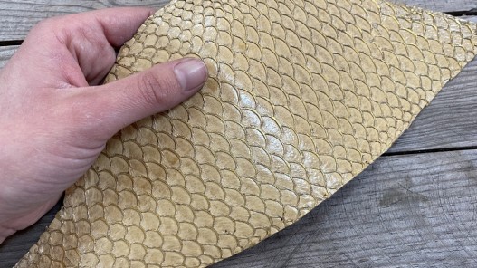 Peau de cuir de poisson tilapia beige glossy doré métallisé bijoux accessoire maroquinerie cuirenstock