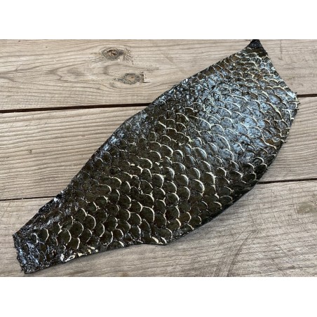 Peau de cuir de poisson tilapia argenté vert forêt glossy - Cuir en Stock