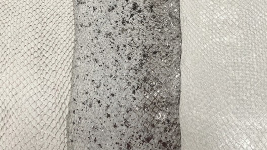Lot de 3 peaux de cuir de poisson saumon nuances blanc gris mat satiné nacré métallisé Cuir en stock