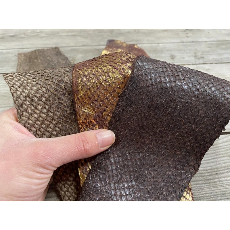 Lot de 3 peaux de cuir de poisson saumon camaïeu de marron brun Cuir en stock