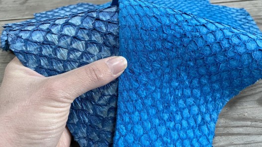 Lot de peaux - cuir de poisson - Perche du Nil - camaïeu de bleu - bijou accessoire maroquinerie - Cuir en stock
