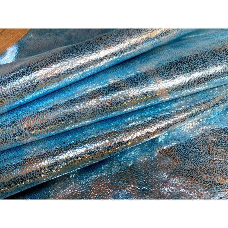 Peau de cuir de veau effet strass métallisé bleu turquoise - maroquinerie - Cuir en Stock