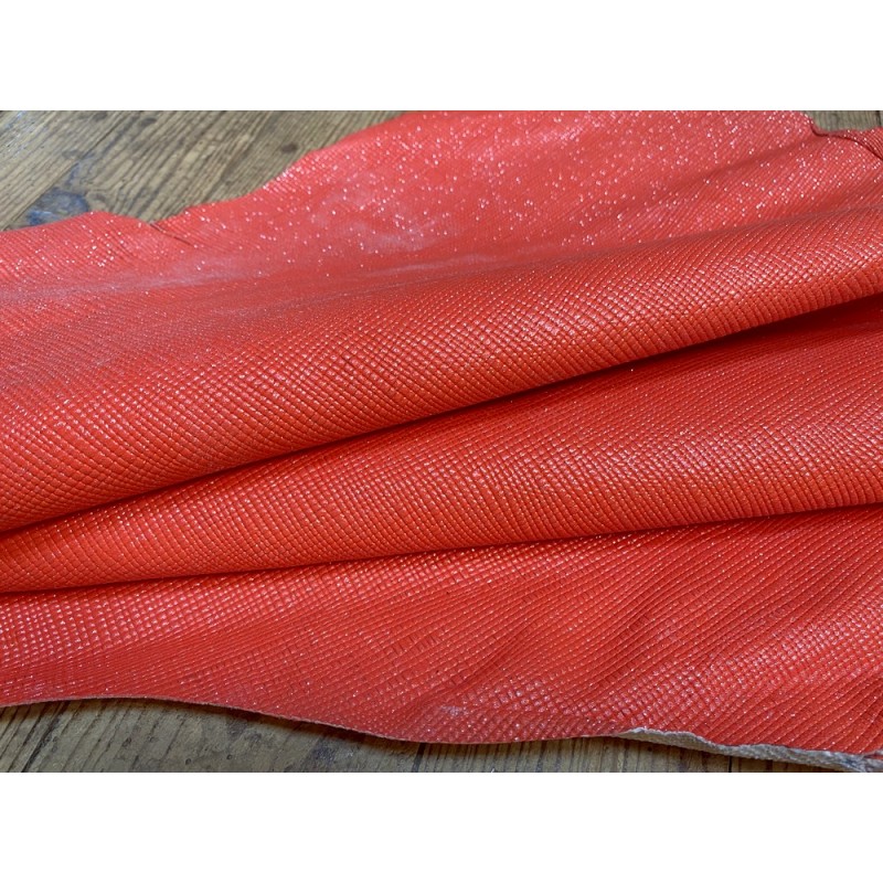 Peau de cuir de chèvre rose corail pailletée - petit grain - maroquinerie - Cuir en Stock