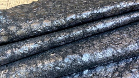 Peau de cuir de mouton bullé - noir métallisé argent - maroquinerie - Cuirenstock