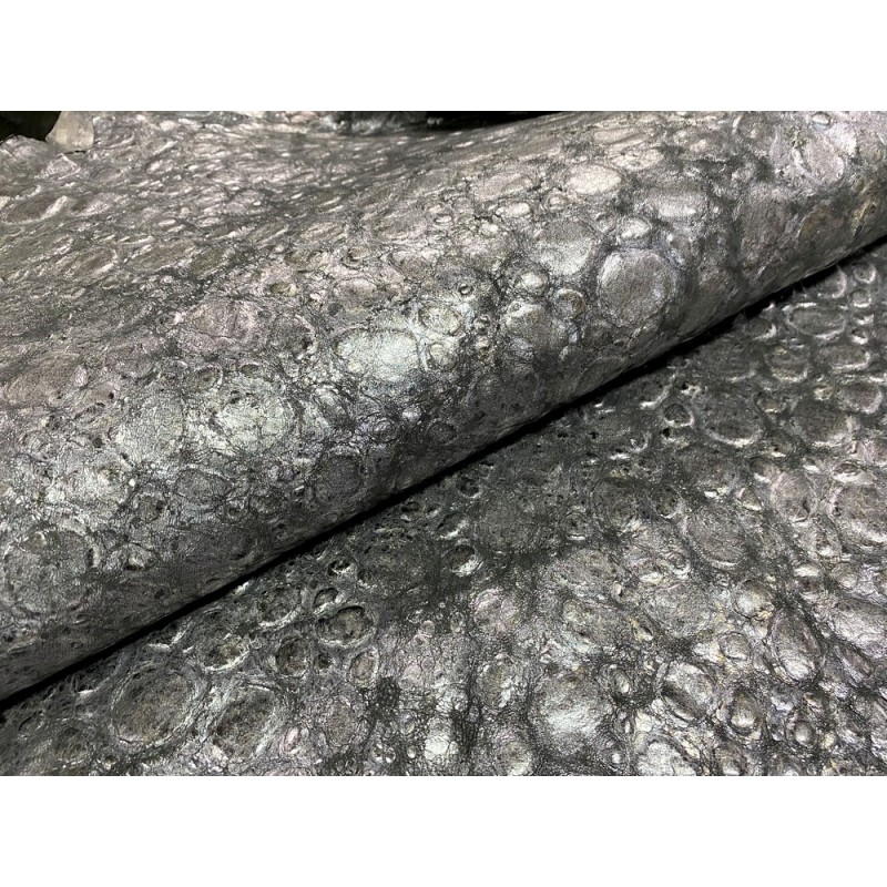 Peau de cuir de mouton bullé - noir métallisé argent - maroquinerie - Cuir en Stock