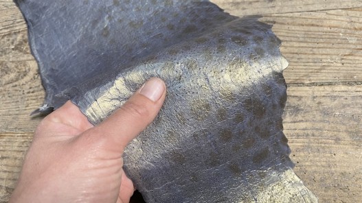 Peau de cuir de poisson - Loup de mer - Cuir marin - bleu acier nacré - Cuir en Stock