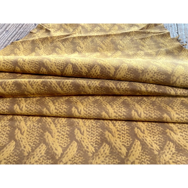 Peau de chèvre velours jaune imprimée façon tricot - maroquinerie - Cuir en Stock