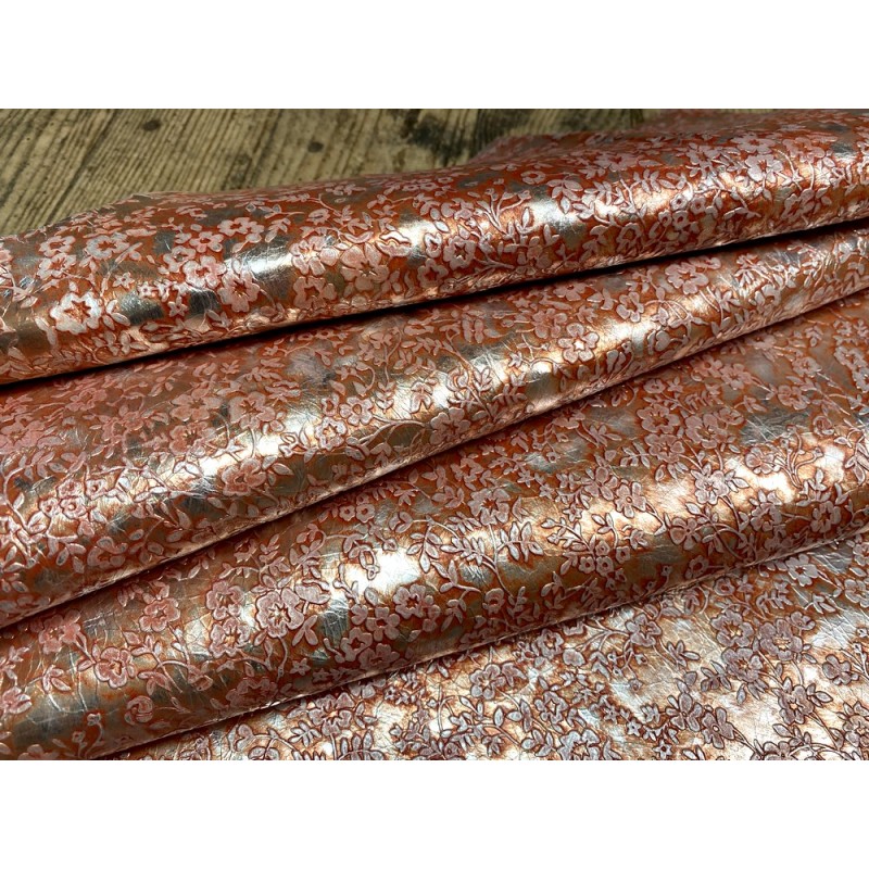 Demi peau de veau imprimé fleurs argent rosé - maroquinerie - Cuir en Stock