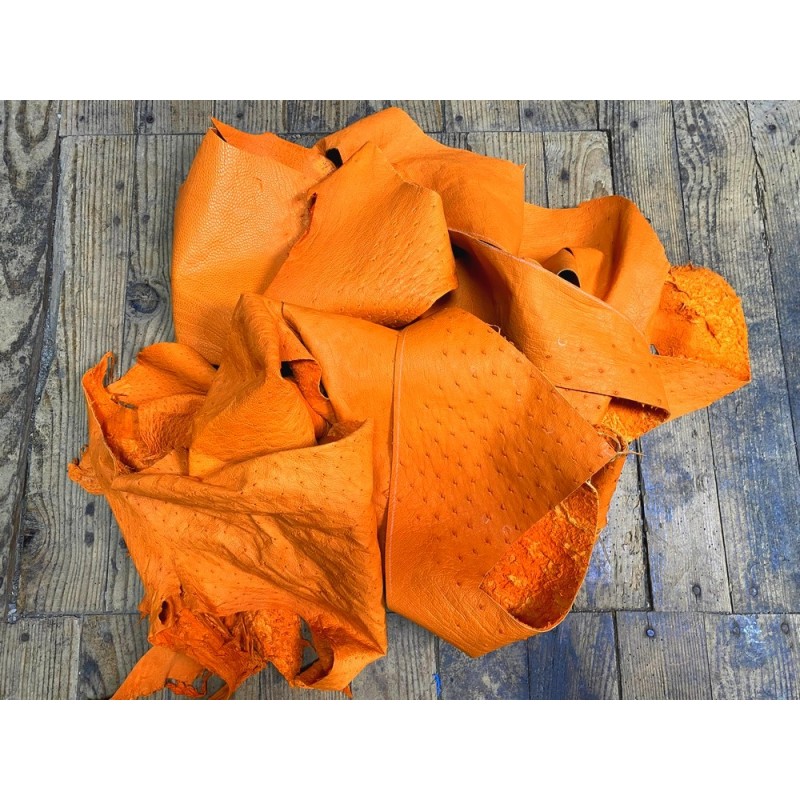 Chutes morceaux de cuir d autruche véritable - orange - luxe - cuir en stock