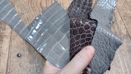 Lot de 3 morceaux de cuir de crocodile véritable gris - bijou - maroquinerie - accessoire - Cuirenstock