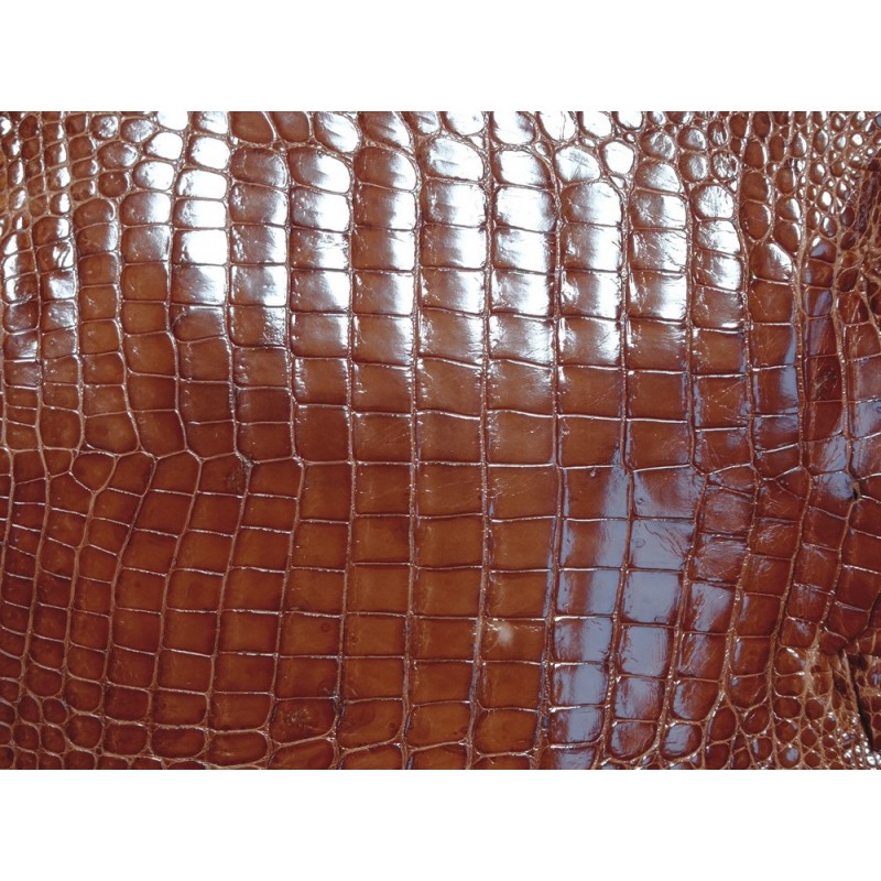 Détail grain peau cuir de crocodile véritable brun caramel - Cuir en Stock