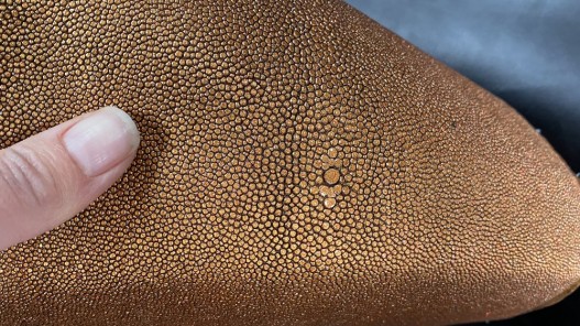 Détail grain - perle centrale - peau galuchat - cuir exotique - métallisé cuivre - Cuir en stock