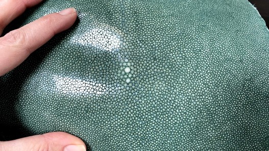 Détail grain - perle centrale - peau galuchat - cuir exotique - vert émeraude - Cuir en stock