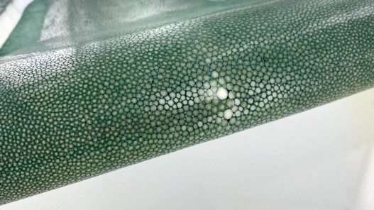 Détail grain - perle centrale - peau galuchat - cuir exotique - vert émeraude - Cuir en Stock