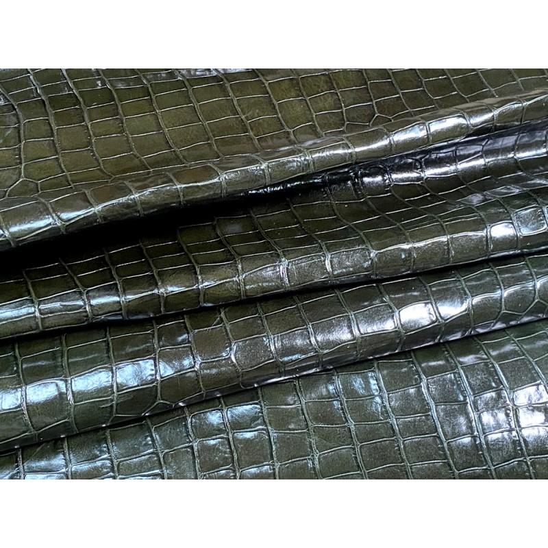 Demi-peau de cuir de veau grain croco vert bouteille - maroquinerie - Cuir en Stock