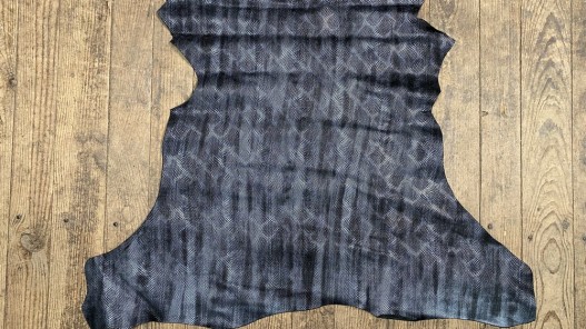 Peau de cuir de chèvre imprimée façon serpent - noir argenté métallisé - maroquinerie - cuir en stock