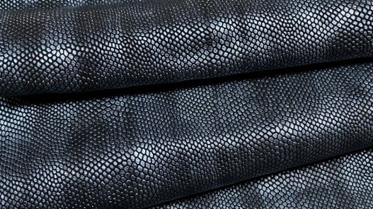 Peau de cuir de chèvre imprimée façon serpent - noir argenté métallisé - maroquinerie - Cuir en Stock