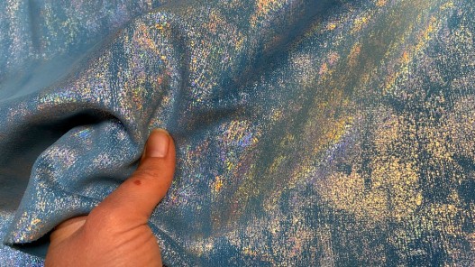 Peau de veau velours métallisé holographique - Bleu turquoise - Maroquinerie - Cuir en stock