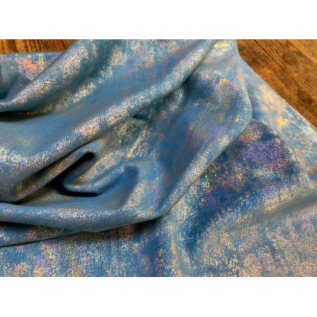 Peau de veau velours métallisé holographique - Bleu turquoise - Maroquinerie - Cuir en Stock