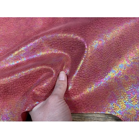 Peau de veau velours gros grain reflets holographique - framboise - Maroquinerie - Cuir en stock