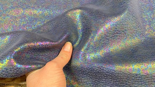 Peau de veau velours gros grain reflets holographique - bleu marine - Maroquinerie - Cuir en stock