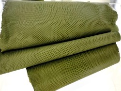 Peau de cuir de karung - Cuir exotique - serpent - Vert olive mat - Cuir en stock