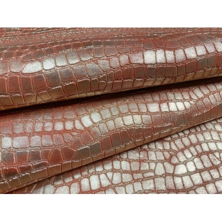 Peau de veau velours métallisé grain croco - Corail - Maroquinerie - Cuir en Stock