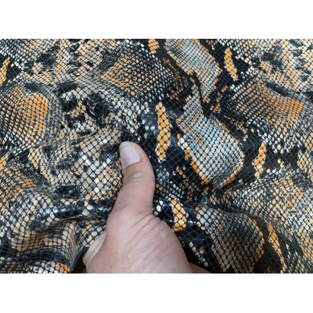 Peau de cuir de chèvre grainée façon Python - Gris/orange