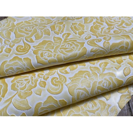 Peau de cuir de mouton tannage végétal motif fleuri jaune - Cuir en Stock