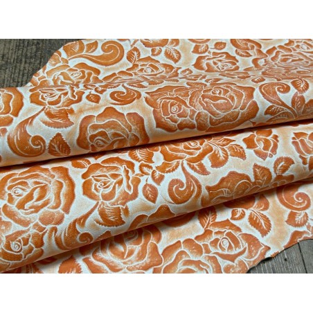 Peau de cuir de mouton tannage végétal motif fleuri orange - Cuir en Stock