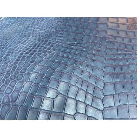Bande de cuir de veau - effet croco - bleu - maroquinerie - Cuir en stock