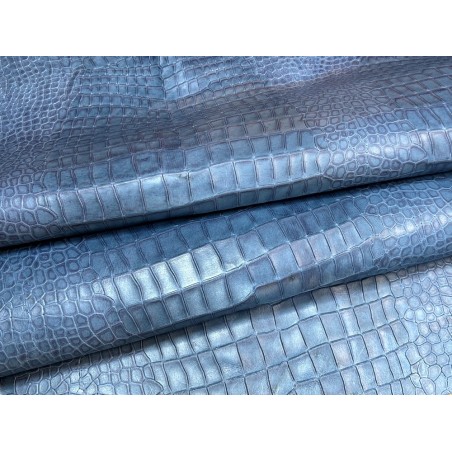 Bande de cuir de veau - effet croco - bleu - maroquinerie - cuir en stock