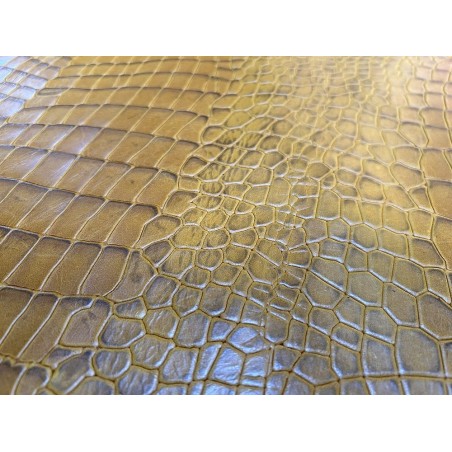 Bande de cuir de veau - effet croco - jaune curry - maroquinerie - Cuir en stock