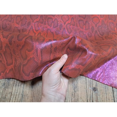 Peau de veau velours serpent - rouge - paillettes rose - maroquinerie - Cuirenstock
