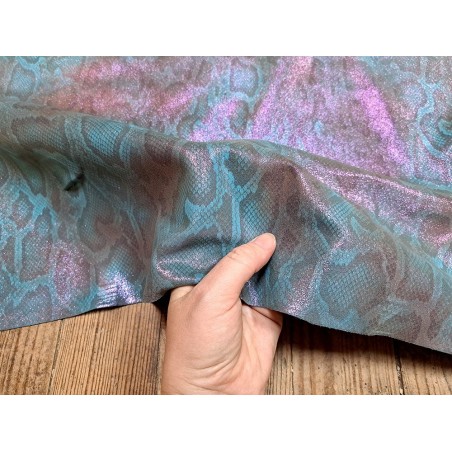Peau de veau velours serpent - bleu - paillettes rose - maroquinerie - Cuirenstock