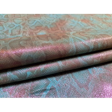 Peau de veau velours serpent - bleu - paillettes rose - maroquinerie - cuirenstock