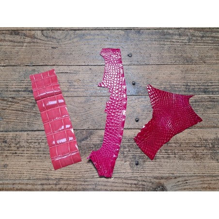 Lot de 3 morceaux de cuir de crocodile - Rose - Cuir en Stock