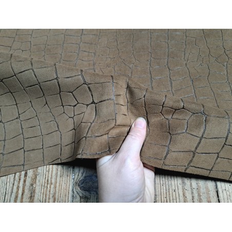 Peau de veau velours grain façon crocodile - brun kaki - maroquinerie - Cuirenstock