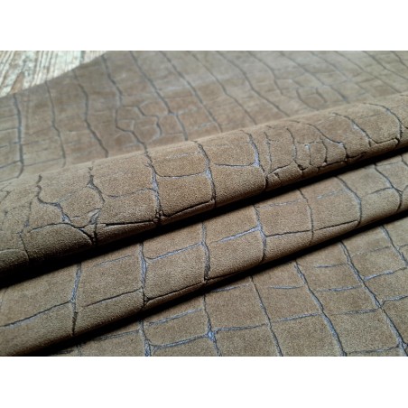 Peau de veau velours grain façon crocodile - brun kaki - maroquinerie - cuir en stock