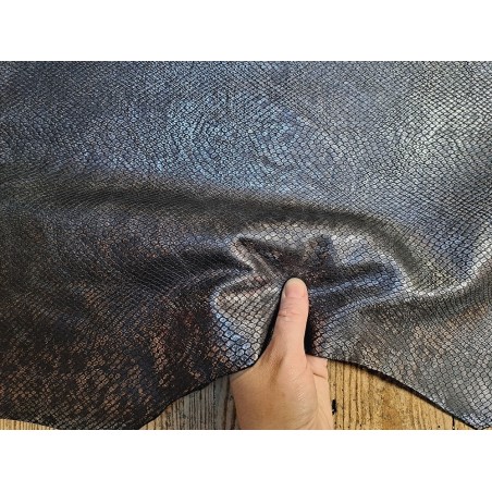 Peau de cuir de chèvre effet grains serpent métallisée - Noir/Argent