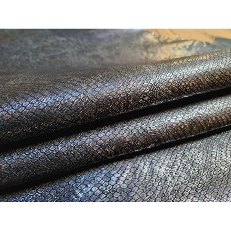 Peau de cuir de chèvre métallisé - serpent - noir/argent - Cuir en stock