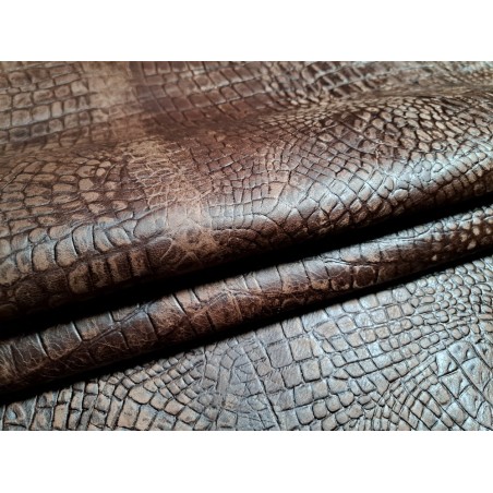 Bande de cuir de veau - effet croco - marron vieilli - maroquinerie - Cuirenstock