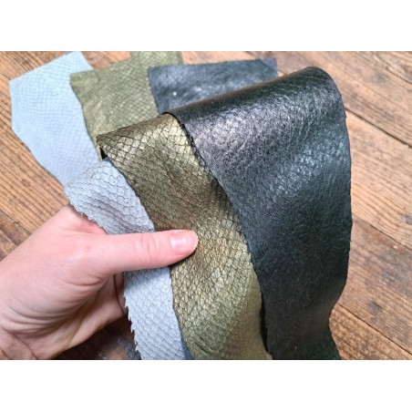 Lot de 3 peaux de cuir de saumon - Vert/jaune - Cuir en stock