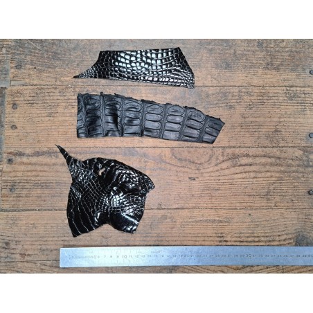 Lot de 3 morceaux de cuir de crocodile - Noir - Cuir en Stock