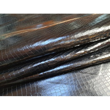 Demi-peau de cuir de veau vernis effet crocodile vernis - Noir