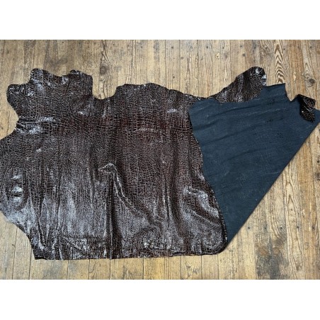 Demi-peau de cuir de veau vernis grain croco  craquelé - Marron - Cuir en Stock