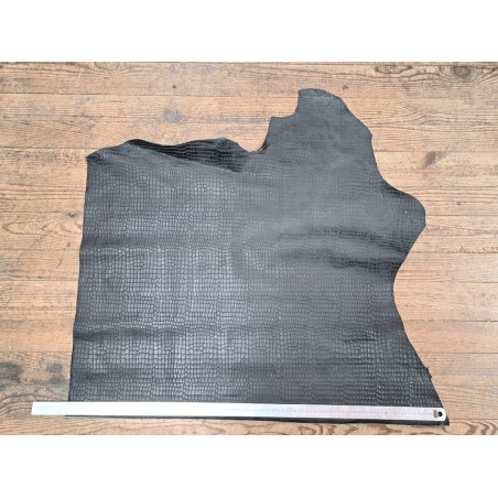 Morceau de cuir de veau façon crocodile - Noir mat - Cuir en Stock