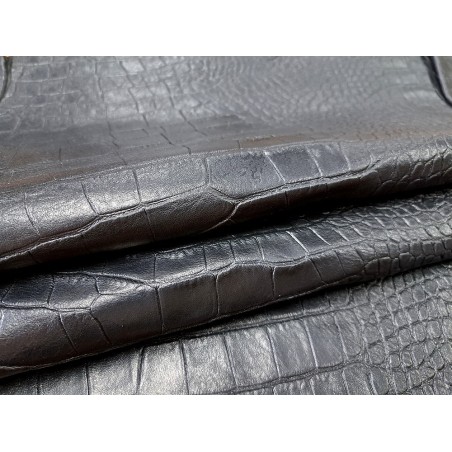 Peau de cuir de mouton ciré grain crocodile - Noir- Cuir en Stock