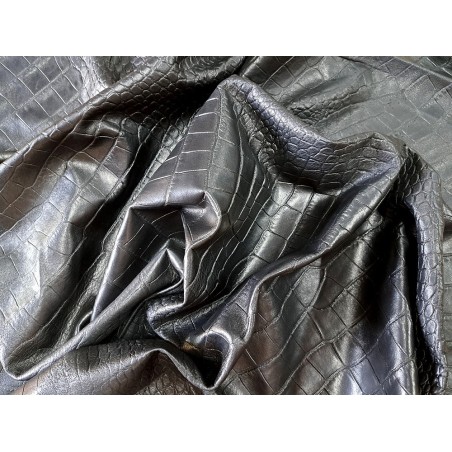 Peau de cuir de mouton ciré grain crocodile - Noir- Cuir en Stock